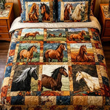 Vintage Western Wild Horses Ranch Landscape Patchwork Quilted 3-Piece Bedding Set