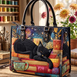 Books And Black Cat Quilted Leather Strap Bible Handbag