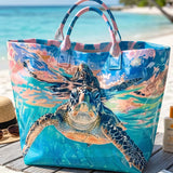 Sea Turtle Print And Hearts PVC Tote Bag