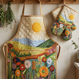 Sun And Flower Quilted Apron Set (2-Piece) – Padded Apron + Heat-Resistant Oven Mitts