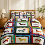Patchwork Block Dachshund Dog Colorful Boho Quilted 3‑Piece Bedding Set
