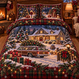 Vintage Christmas Farmhouse Tree Station Wagon Plaid Quilted 3-Piece Bedding Set