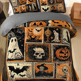 Vintage Stamp Skull Ghost Witch Halloween Patchwork Quilted 3‑Piece Bedding Set