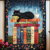 Book Lover Black Cat Coffee Cup Midnight Garden Patchwork Quilted Blanket