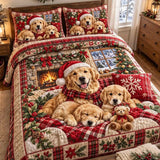 Christmas Golden Retriever Fireplace Plaid Patchwork Quilted 3-Piece Bedding Set