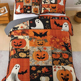 Plaid Pumpkin Ghost Black Cat Halloween Patchwork Quilted 3‑Piece Bedding Set
