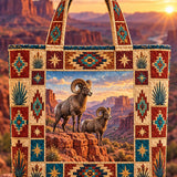 Western Bighorn Sheep Canyon Sunset Navajo Patchwork Quilted Tote Bag