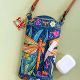 Jungle Dragonfly Wildflower Quilted Slim Phone Crossbody Bag