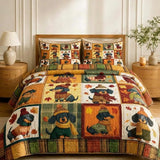 Fall Autumn Patchwork Dachshund Knit Sweater Maple Leaf Quilted 3‑Piece Bedding Set