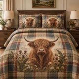 Vintage Western Highland Cow Gingham Thistle Patchwork Quilted 3-Piece Bedding Set