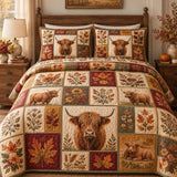 Vintage Western Highland Cow Fall Leaf Floral Patchwork Quilted 3-Piece Bedding Set