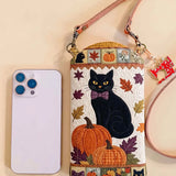 Pumpkin And Black Cat Quilted Slim Phone Crossbody Bag