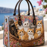 Cat Family Quilted Leather Strap Bible Handbag