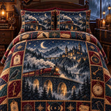 Vintage Magic Steam Train Viaduct Enchanted Castle Desert Canyon Raven Compass Moon Phase Patchwork Quilted 3‑Piece Bedding Set