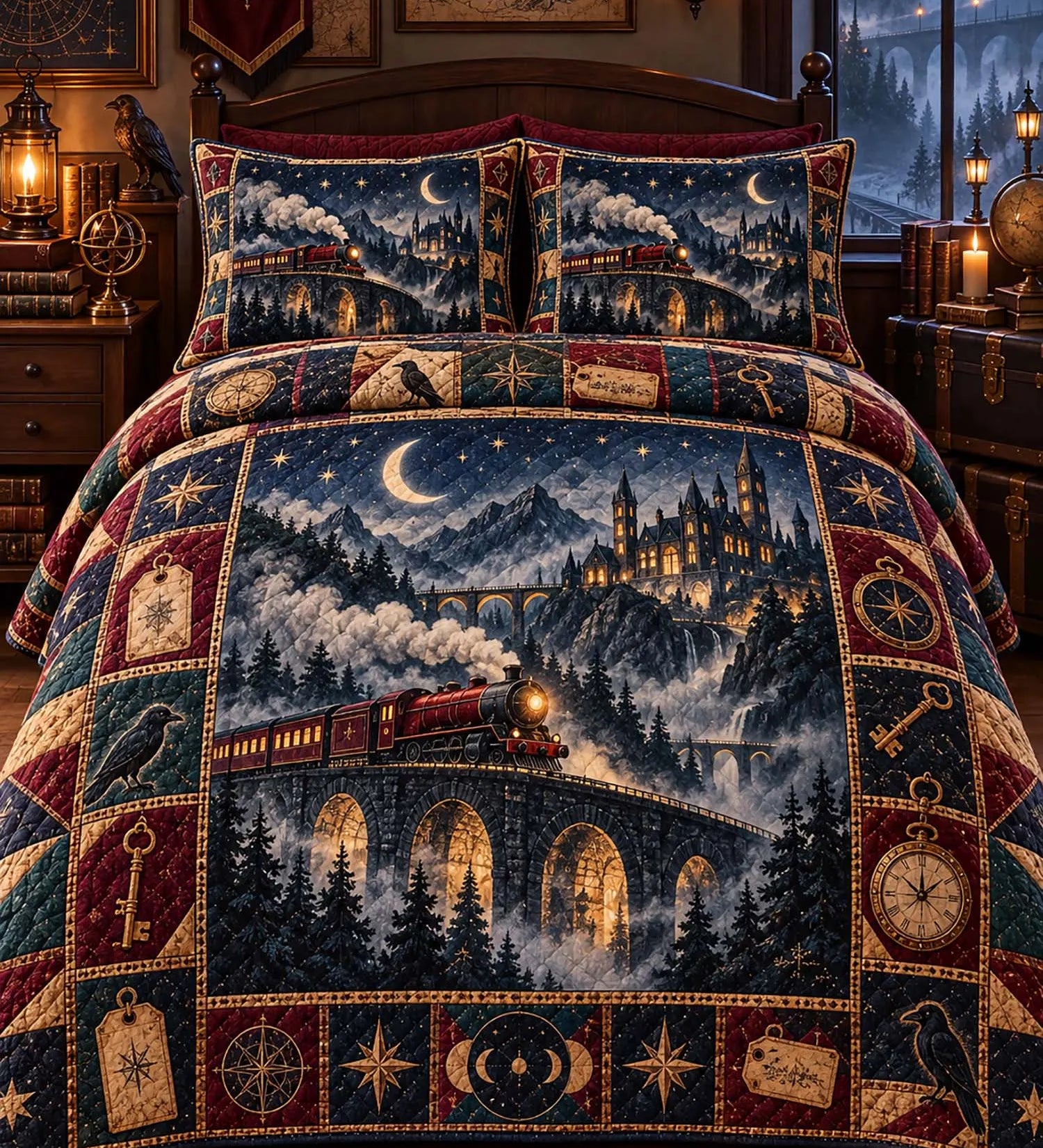 Vintage Magic Steam Train Viaduct Enchanted Castle Desert Canyon Raven Compass Moon Phase Patchwork Quilted 3‑Piece Bedding Set