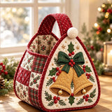 Christmas Bells & Holly Applique Holiday Present Carry Tote Quilted Christmas Basket