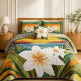 Tropical Plumeria Floral Patchwork Quilted 3‑Piece Bedding Set