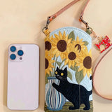 Sunflower And Black Cat Quilted Slim Phone Crossbody Bag
