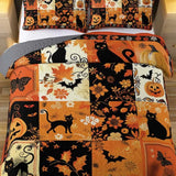 Halloween Patchwork Black Cat Pumpkin Bat Quilted 3‑Piece Bedding Set