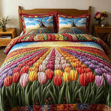 Vintage Tulip Windmill Field Patchwork Quilted 3-Piece Bedding Set