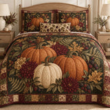 Dark Green Fall Pumpkin Dahlia Berry Fern Patchwork Quilted 3‑Piece Bedding Set