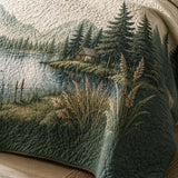 Mountain Lake Pine Landscape Vintage Quilted 3‑Piece Bedding Set