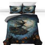Flying Witch Moonlit Pumpkin Halloween Quilted 3‑Piece Bedding Set
