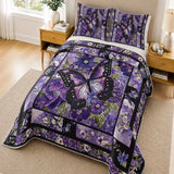 Purple Butterfly Floral Patchwork Quilted 3‑Piece Bedding Set