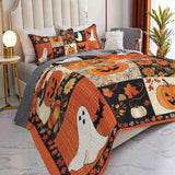 Plaid Pumpkin Ghost Black Cat Halloween Patchwork Quilted 3‑Piece Bedding Set