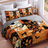 Halloween Patchwork Black Cat Pumpkin Bat Quilted 3‑Piece Bedding Set