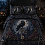 Gothic Raven Moon Castle Vintage Rose Quilted 3‑Piece Bedding Set