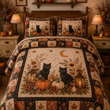 Twin Black Cat Pumpkin Lantern Quilted 3‑Piece Bedding Set