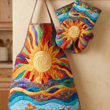 Hippie Sun Quilted Apron Set (2-Piece) – Padded Apron + Heat-Resistant Oven Mitts
