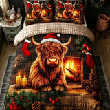Christmas Highland Cow Fireplace Santa Hat Patchwork Quilted 3-Piece Bedding Set