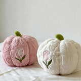 Cute Halloween Fall Tulip Embroidered Plush Pumpkin Throw Pillow