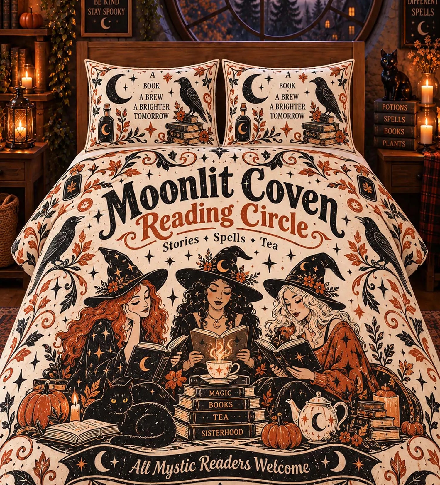 Halloween Bewitched Library Witch & Skeleton Reading 3-Piece Quilted Bedding Set