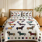 Geometric Patchwork Sunglass Dachshund Paw Print Quilted 3‑Piece Bedding Set