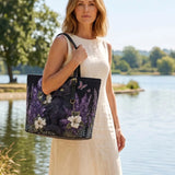 Lavender And Black Cat Quilted Large Leather Strap Tote Bag
