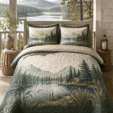 Mountain Lake Pine Landscape Vintage Quilted 3‑Piece Bedding Set