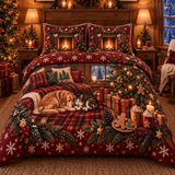 Cozy Christmas Cabin Dog Cat Fireplace Plaid Quilted 3-Piece Bedding Set
