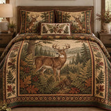 Rustic Forest Deer Oak Leaf Pinecone Patchwork Quilted 3-Piece Bedding Set