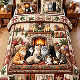 Christmas Fireplace Cats Patchwork Quilted 3-Piece Bedding Set