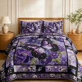 Purple Butterfly Floral Patchwork Quilted 3‑Piece Bedding Set