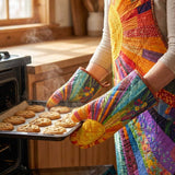 Hippie Sun Quilted Apron Set (2-Piece) – Padded Apron + Heat-Resistant Oven Mitts