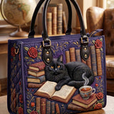Book And The Black Cat Quilted Leather Strap Bible Handbag