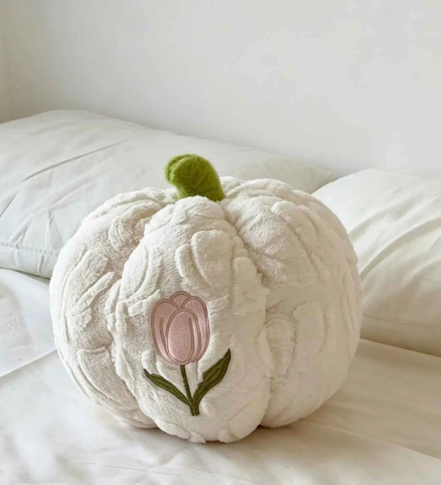 Cute Halloween Fall Tulip Embroidered Plush Pumpkin Throw Pillow