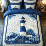 Blue White Lighthouse Ocean Wave Quilted 3-Piece Bedding Set