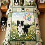 Border Collie Balloon Meadow Patchwork Quilted 3-Piece Bedding Set