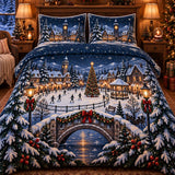 Vintage Christmas Village Ice Skating Rink Midnight Snow Quilted 3-Piece Bedding Set