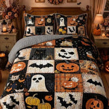 Vintage Distressed Halloween Patchwork Pumpkin Ghost Quilted 3‑Piece Bedding Set